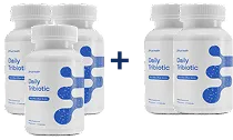 Five white bottles of Daily Tribiotic supplements, shown as a group of three plus a group of two.