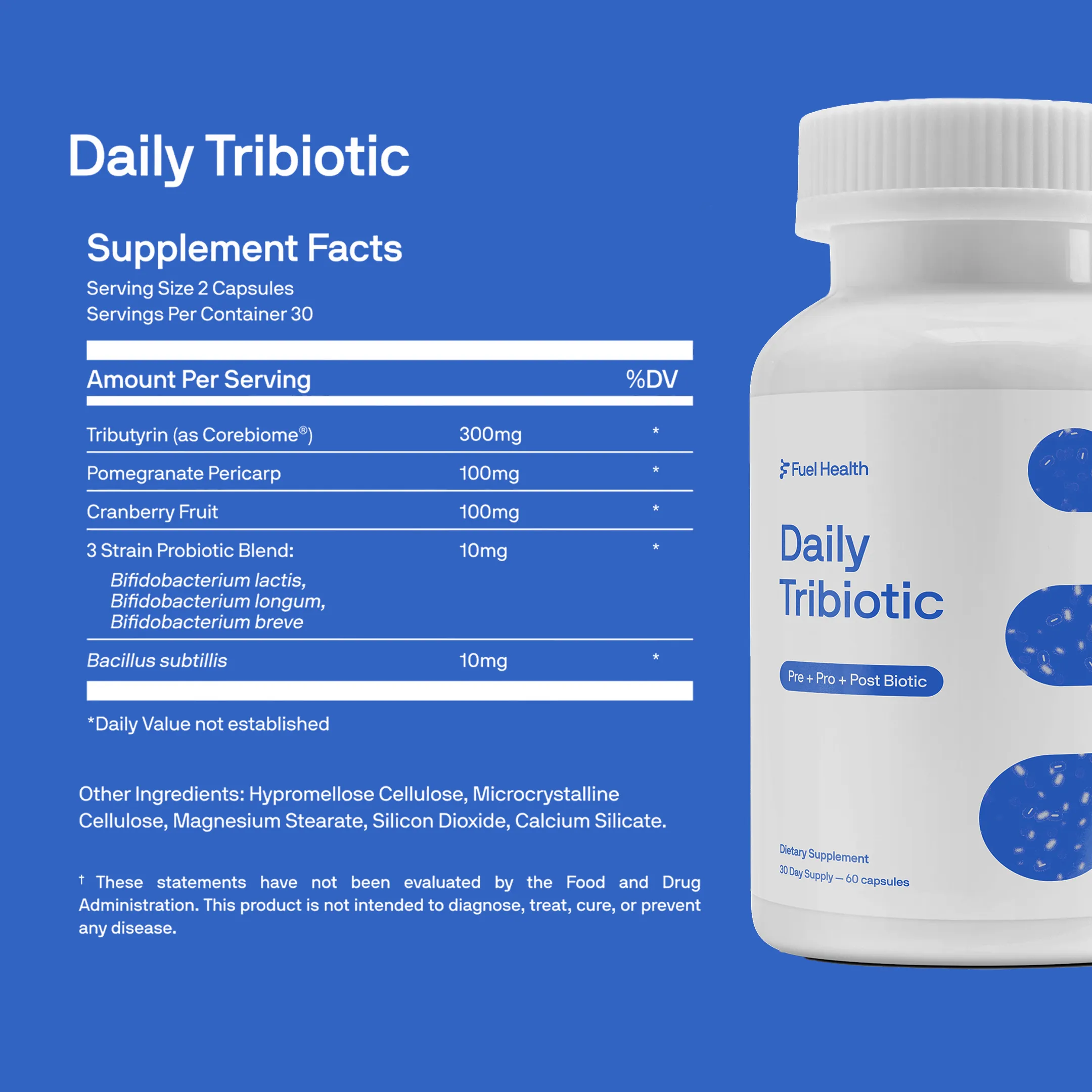 A bottle of Fuel Health Daily Tribiotic next to its supplement facts label on a blue background.