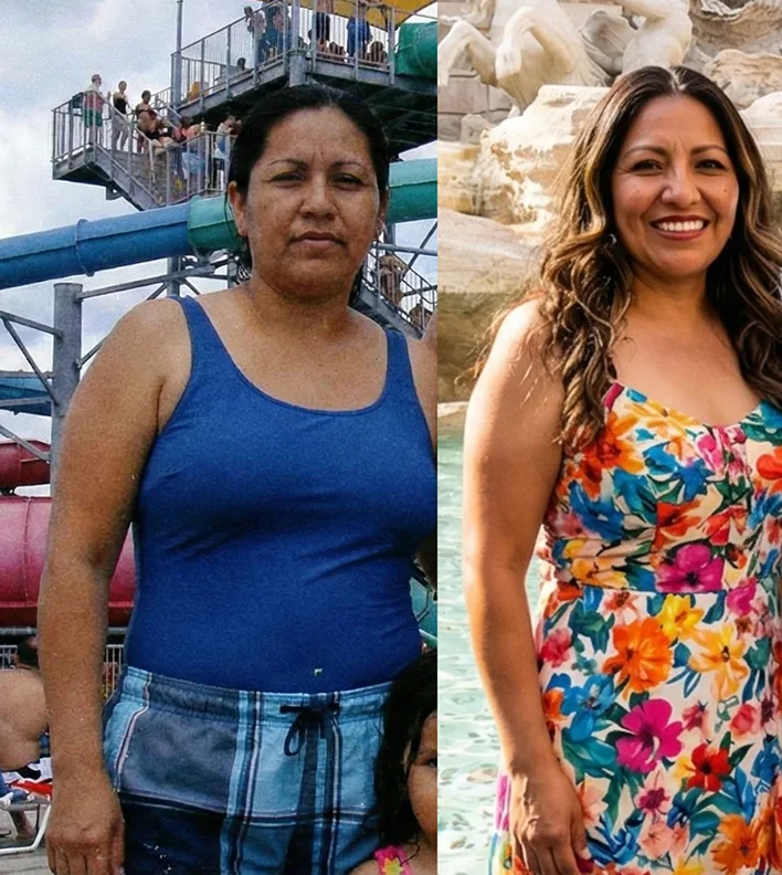 Two side-by-side photos of a woman, one at a water park, the other by a fountain.