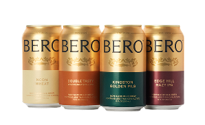 Four Bero beer cans in different colors and flavors.
