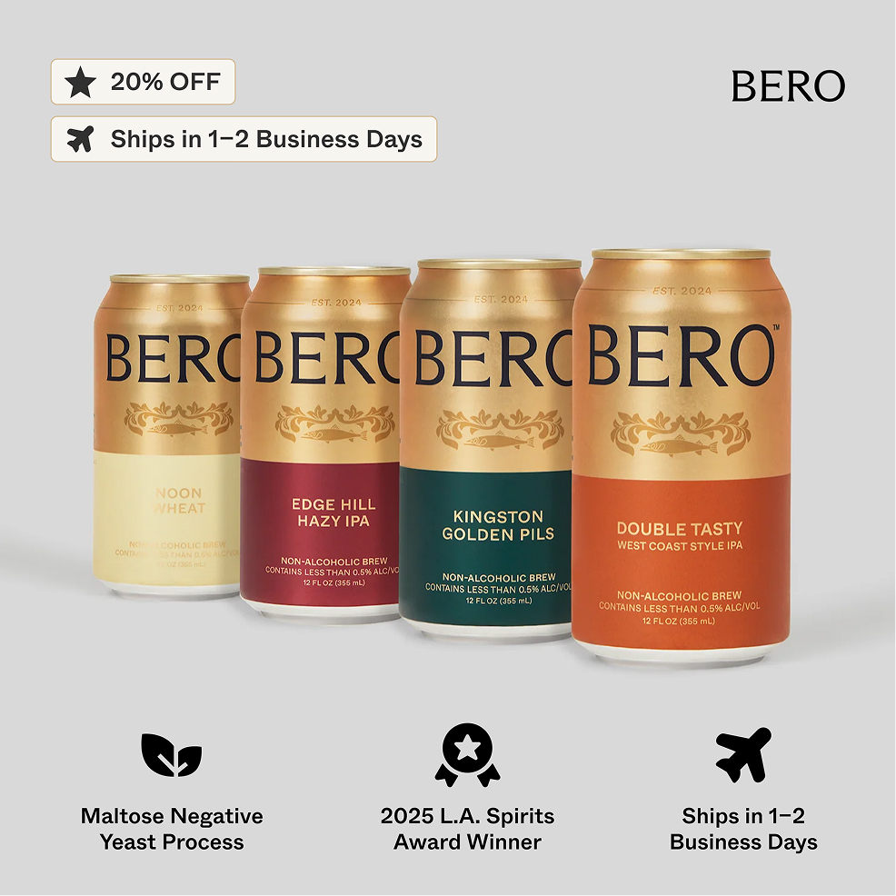 A promotional image showing four different cans of BERO non-alcoholic brew against a light gray background.