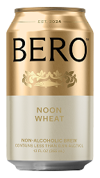 A can of Bero Noon Wheat non-alcoholic brew with gold and white design.