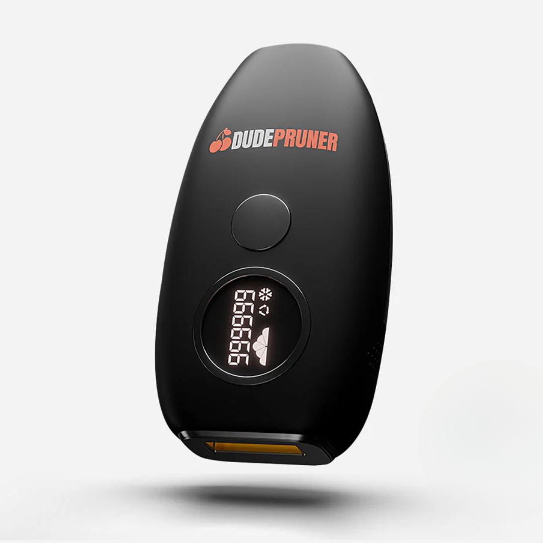 Black electronic device with display and 'Dude Pruner' logo.