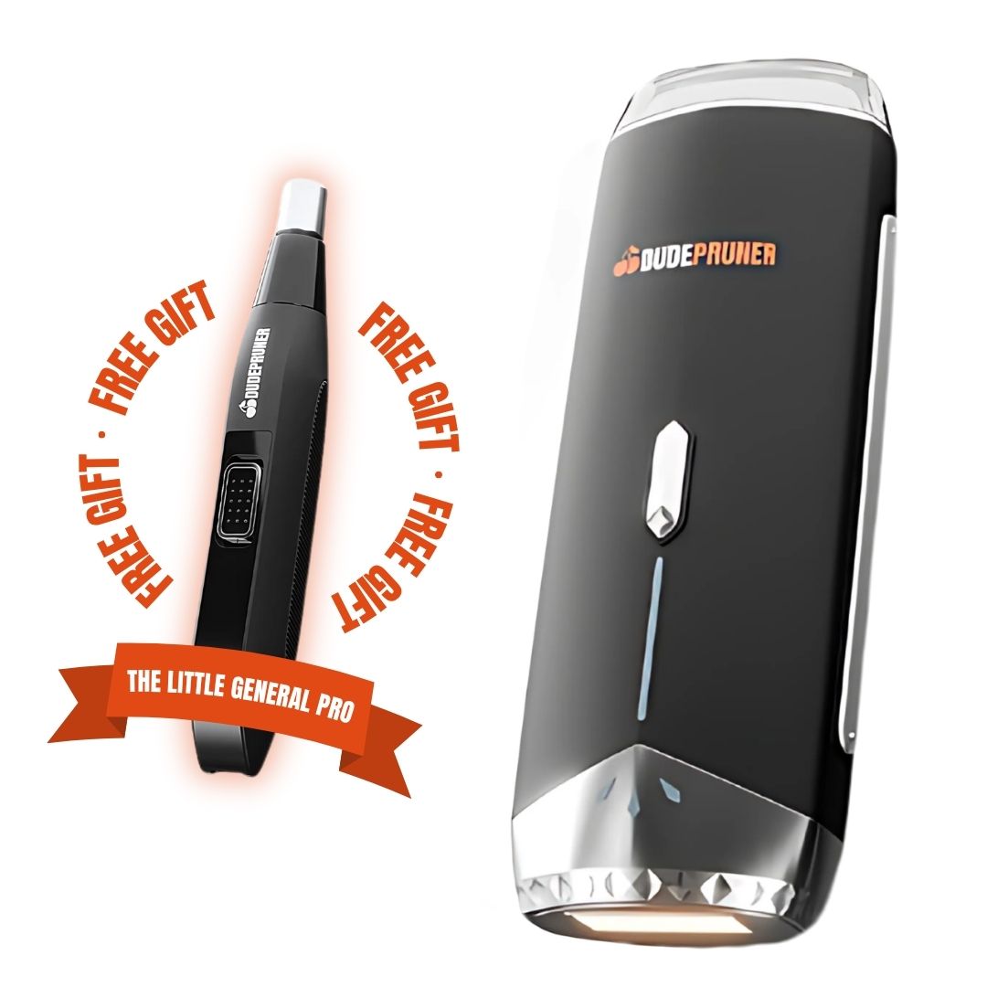 Two black grooming devices with 'Dude Pruner' branding and 'Free Gift' text.