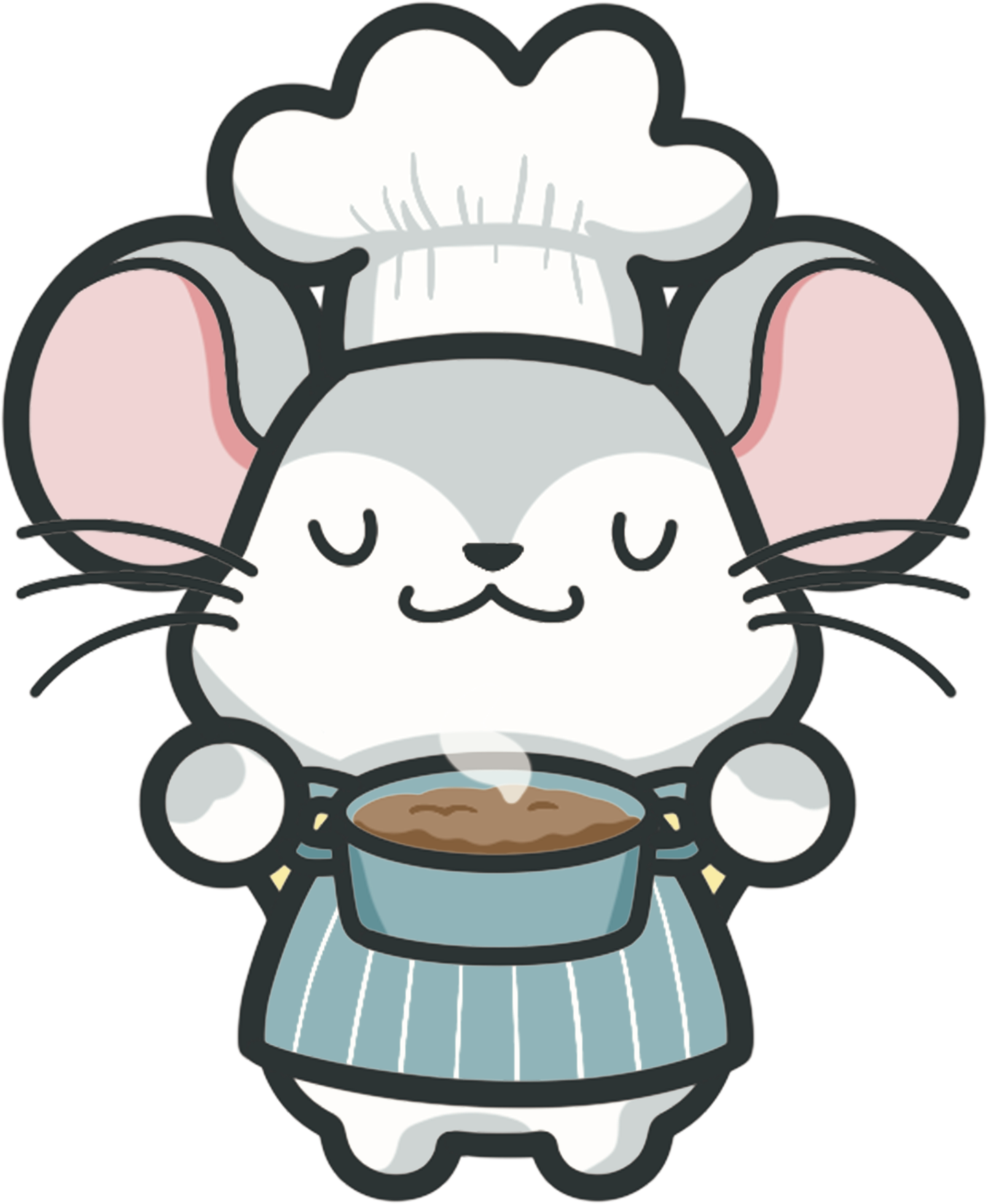 A cartoon illustration of a mouse wearing a chef's hat and holding a steaming pot.