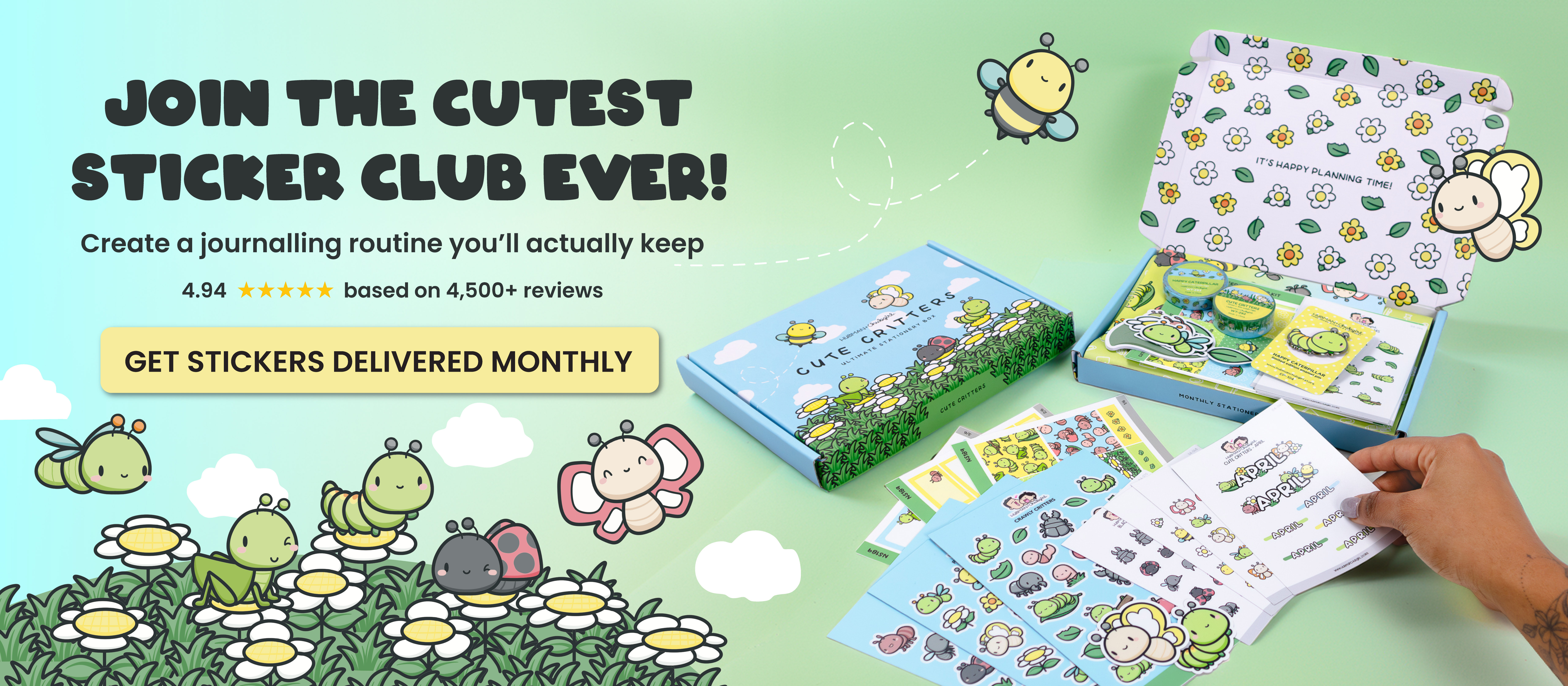 An advertisement for a sticker club featuring cute cartoon insect stickers and stationery in subscription boxes.