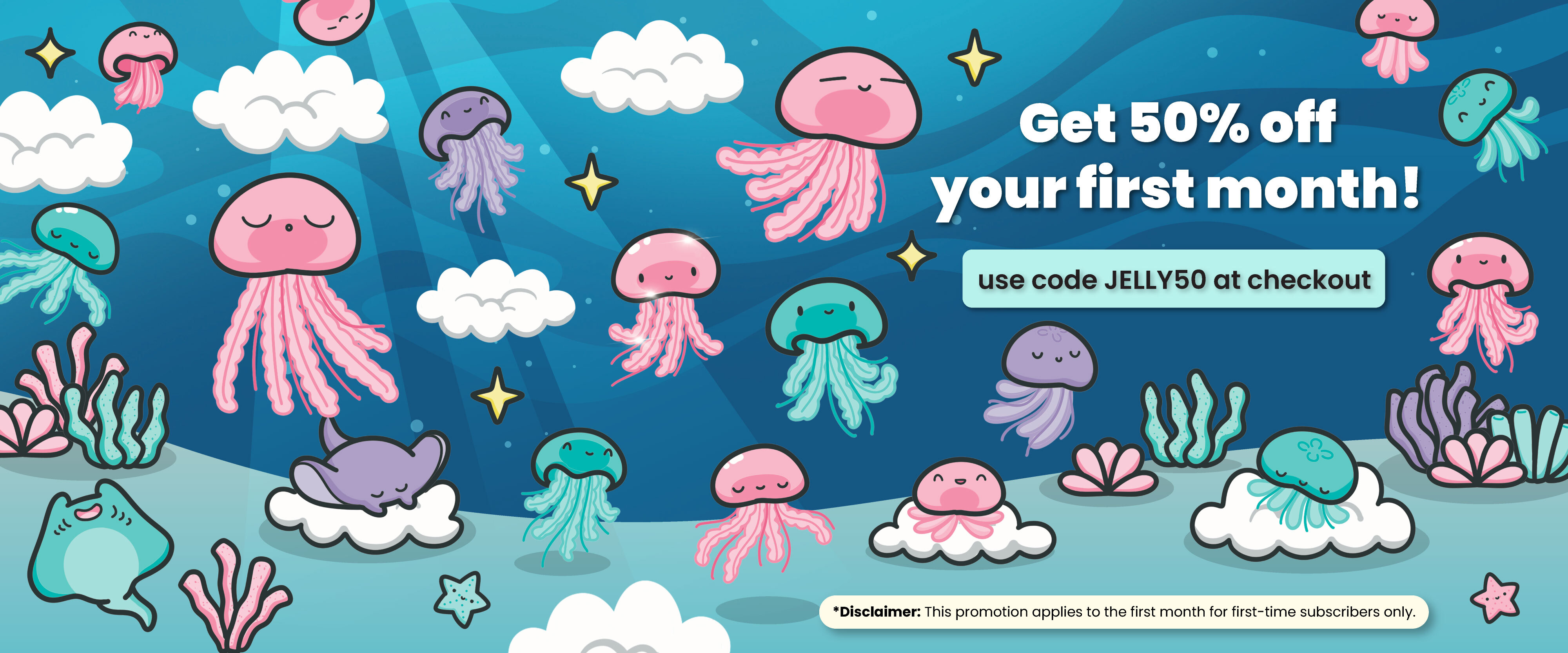 Cartoon jellyfish and sea creatures with 50% discount text.