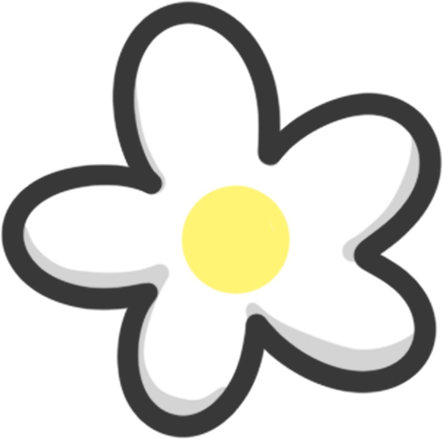 A cartoon drawing of a white flower with five petals, a yellow center, and a black outline.