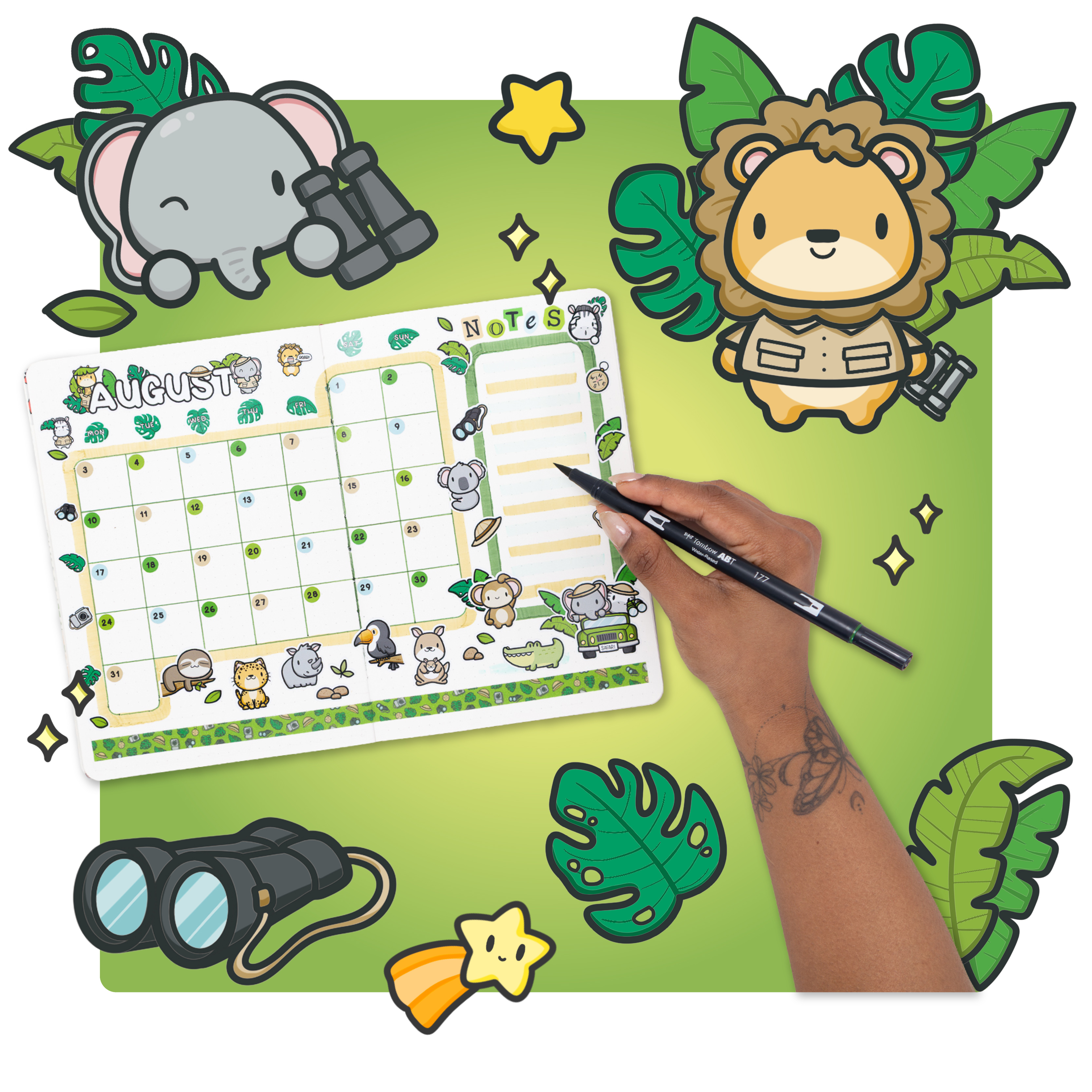 A person's hand writes on a cute, safari-themed August calendar with a black marker.