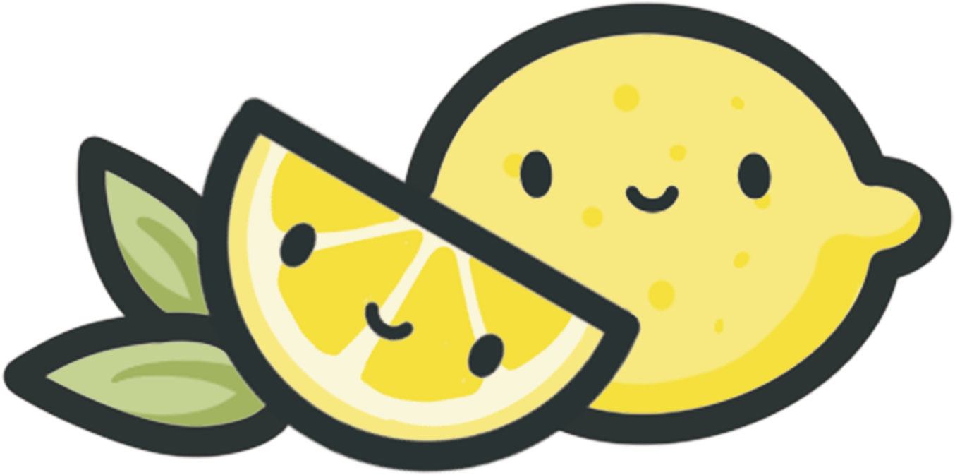 A cute cartoon illustration of a whole lemon and a lemon slice, both with smiling faces.