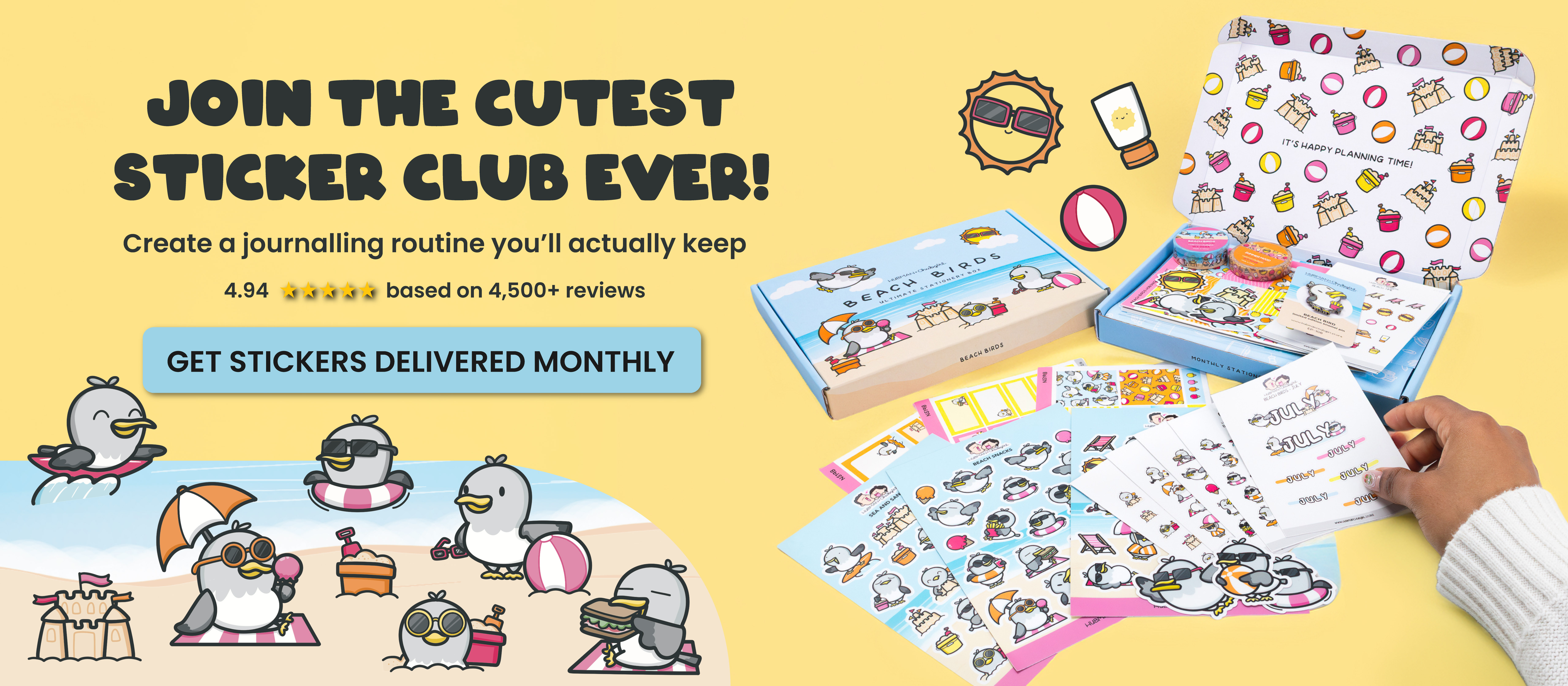 Promotional banner for a sticker club, showing a box of beach bird-themed stickers and stationery.