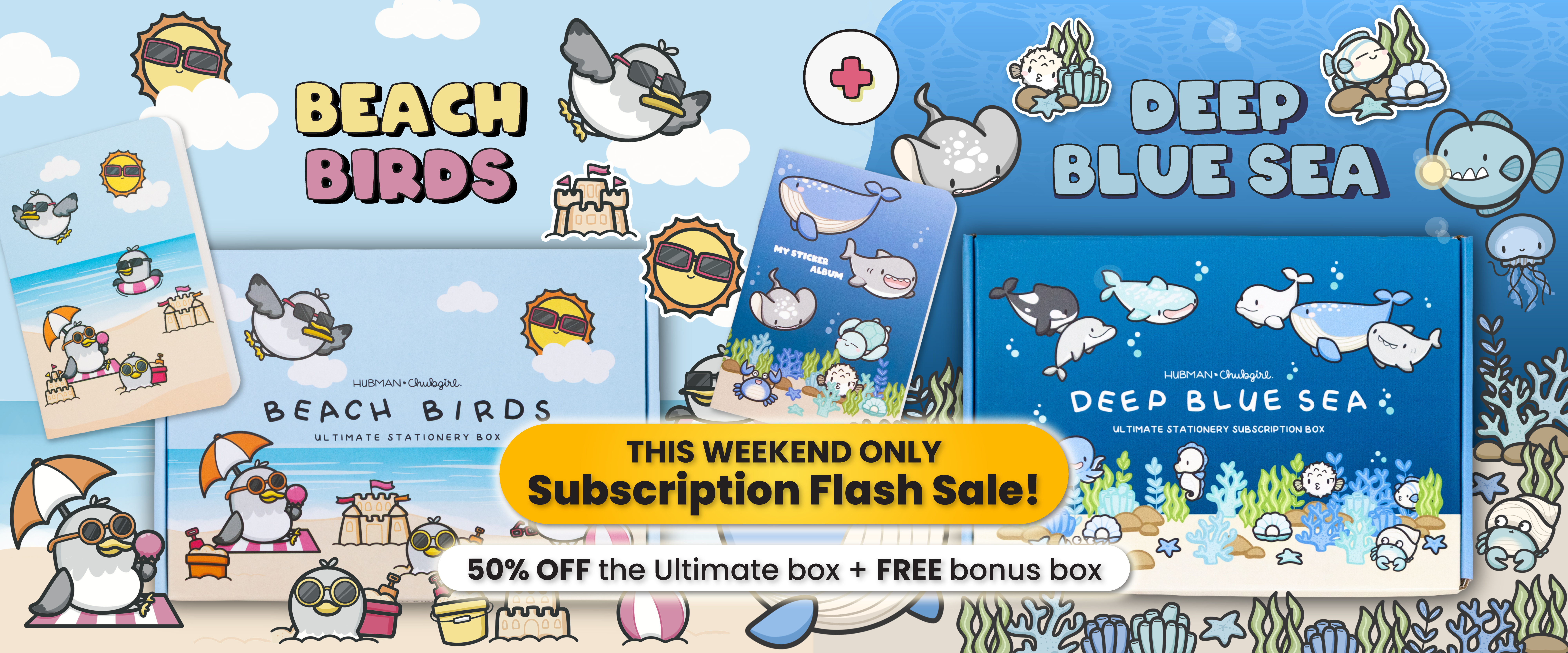 An ad for a flash sale on stationery subscription boxes with cute beach bird and sea creature themes.