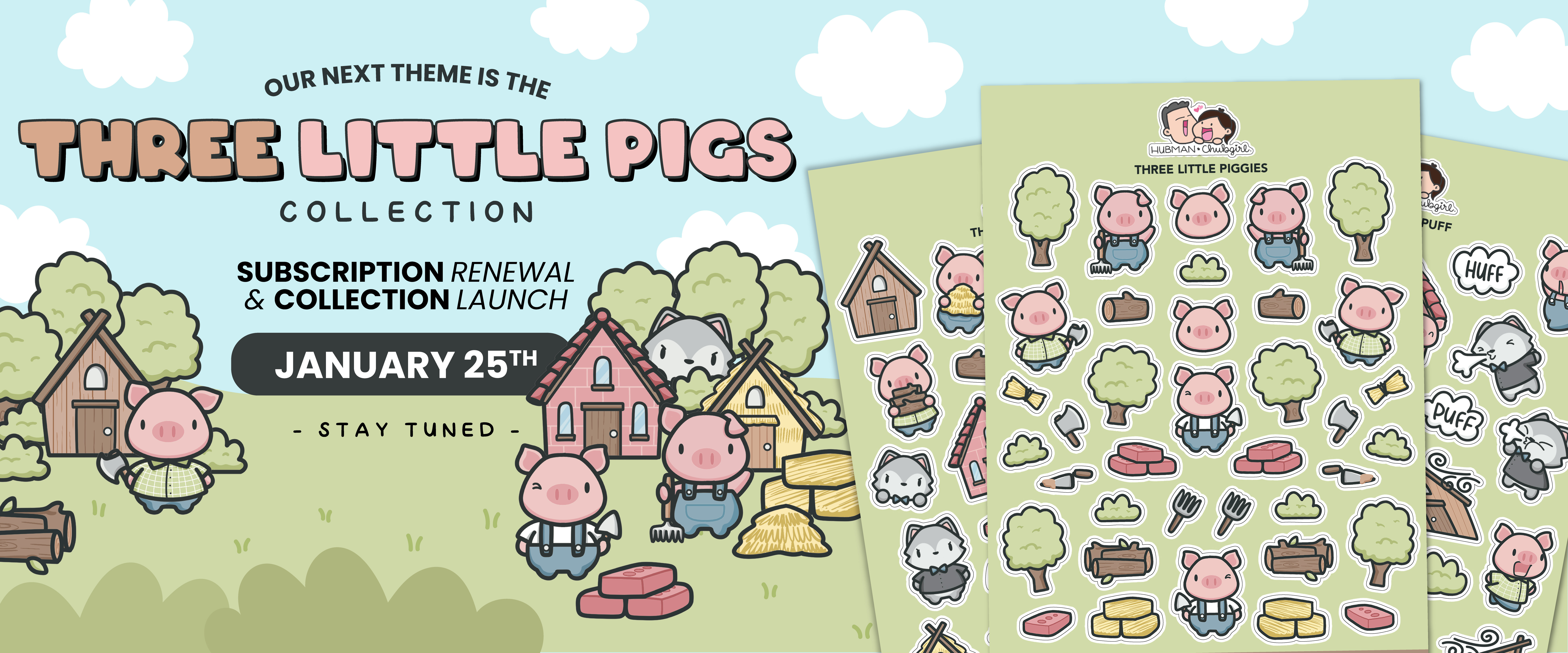 A promotional banner for a 'Three Little Pigs' collection, with cartoon pigs, a wolf, and sticker sheets.