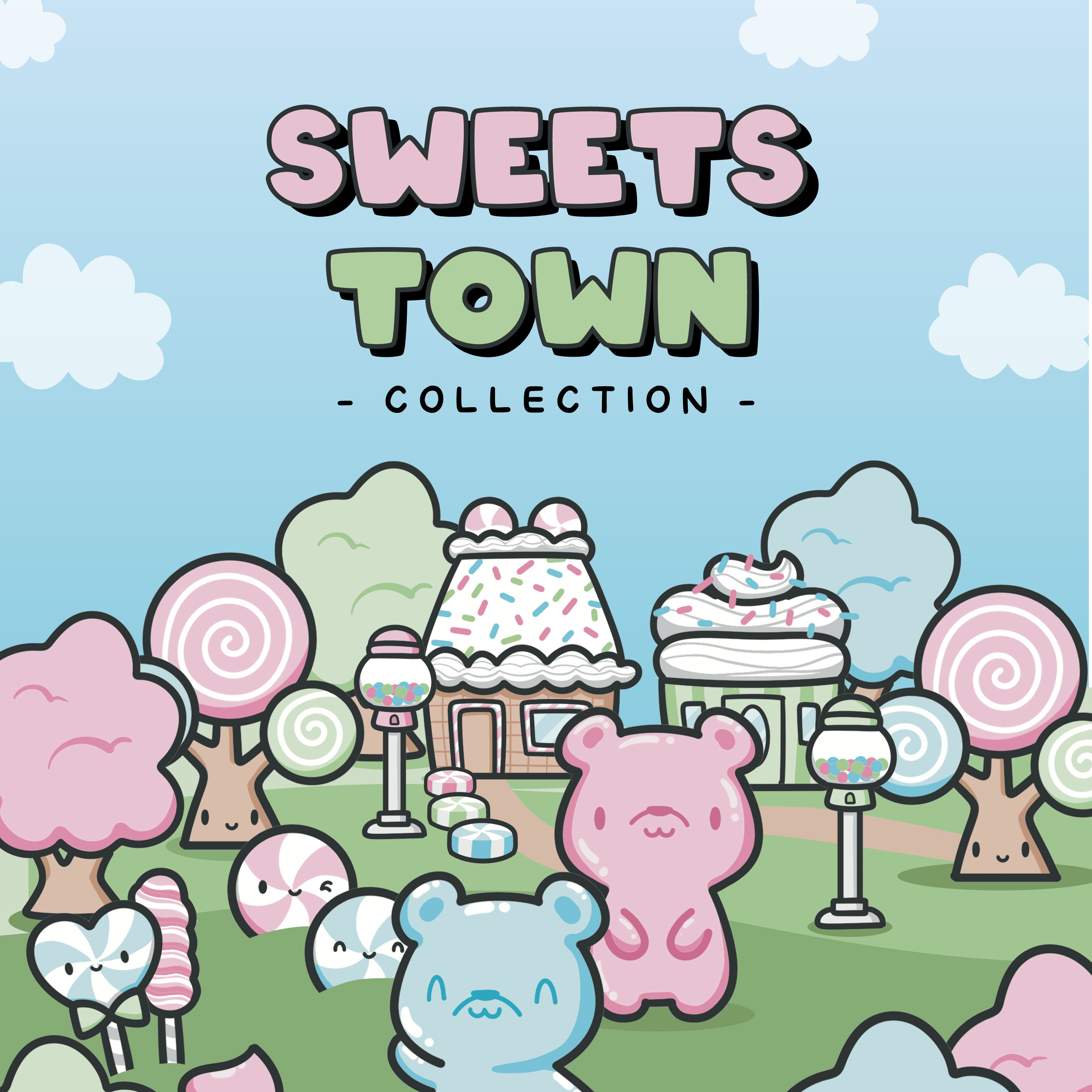 Cute candy-themed cartoon with pastel bears, lollipop trees, and a sprinkle-decorated house.