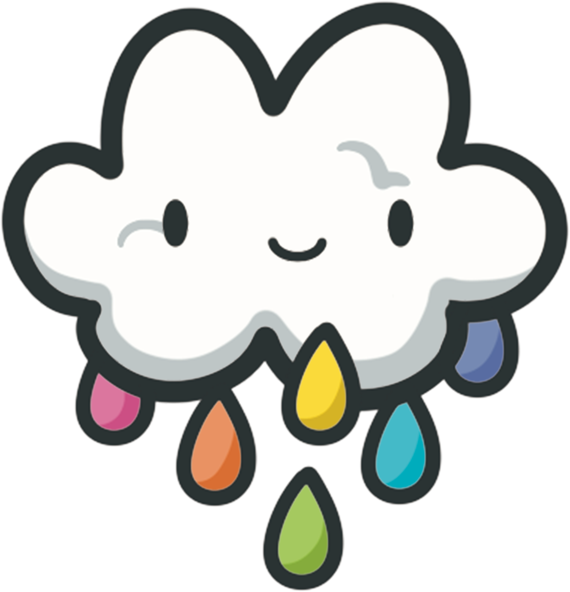 A cartoon illustration of a smiling cloud raining colorful, rainbow-colored droplets.