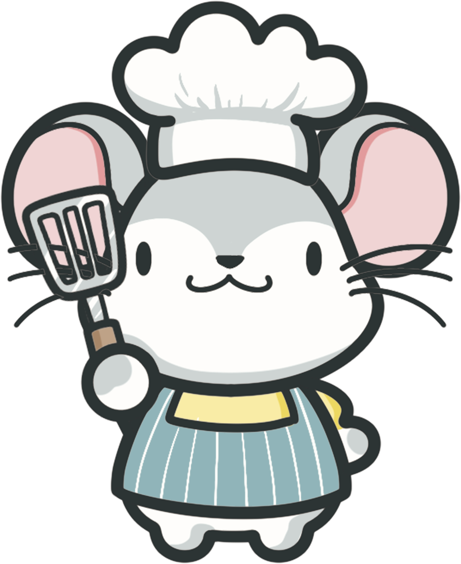 A cartoon illustration of a cute mouse chef wearing an apron and holding a spatula.