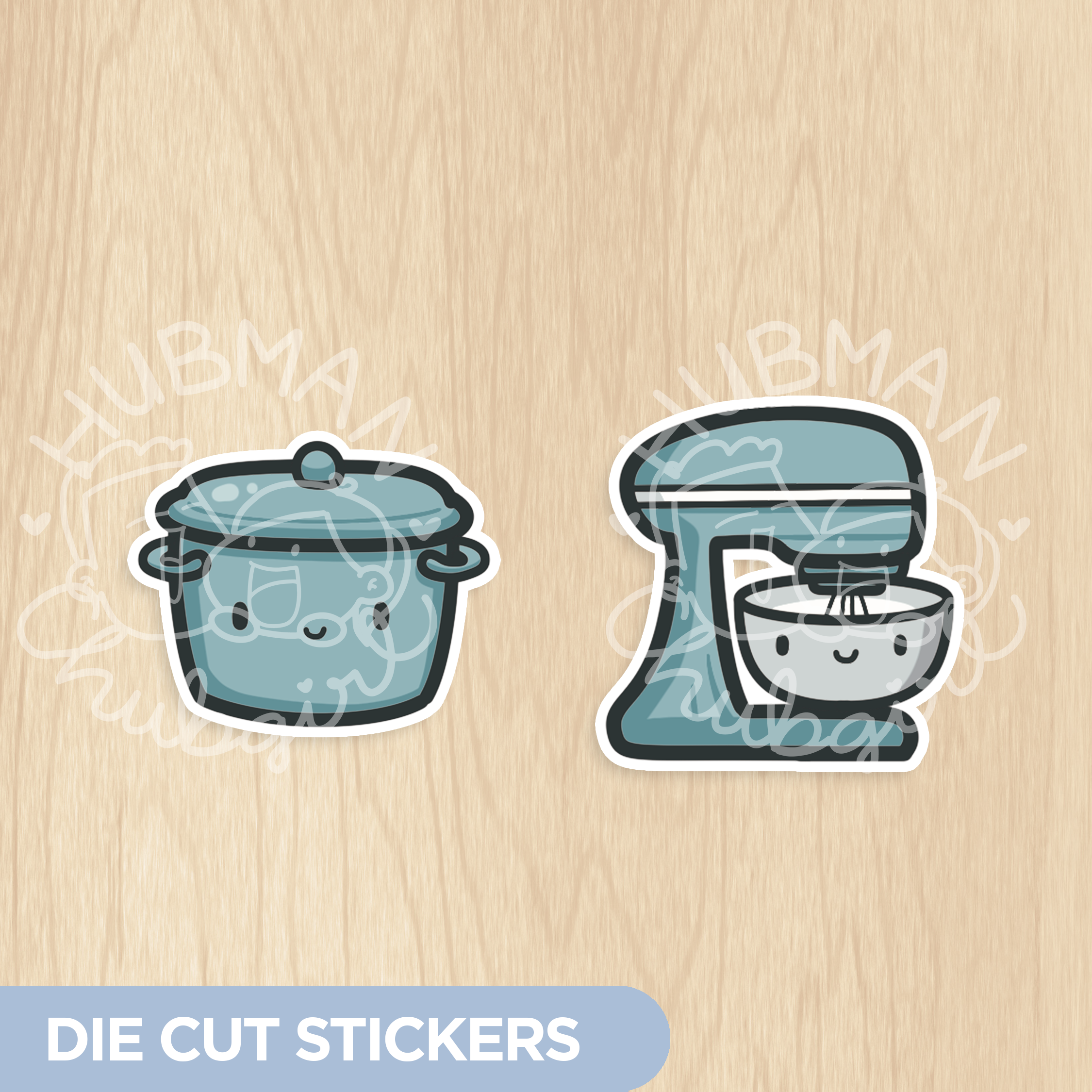 Two cute, blue die-cut stickers of a happy stockpot and a happy stand mixer on a wood background.