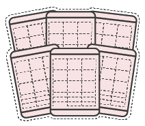 A sticker-style illustration of six fanned-out phone wireframes in pink.