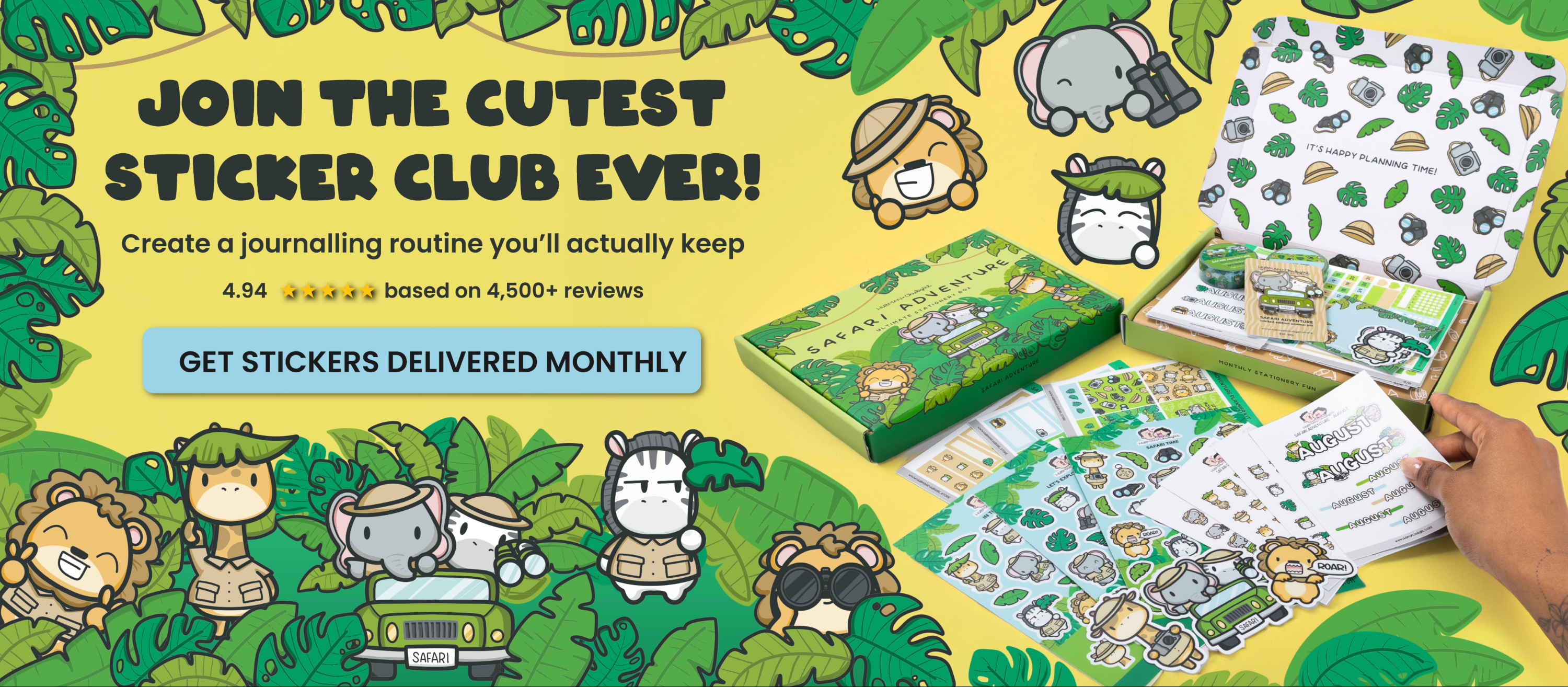 Promotional banner for a safari-themed sticker club with cute cartoon animal stickers and stationery.