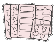 An illustration of several overlapping pink sticker sheets with various shapes like stars, bunnies, and hearts.