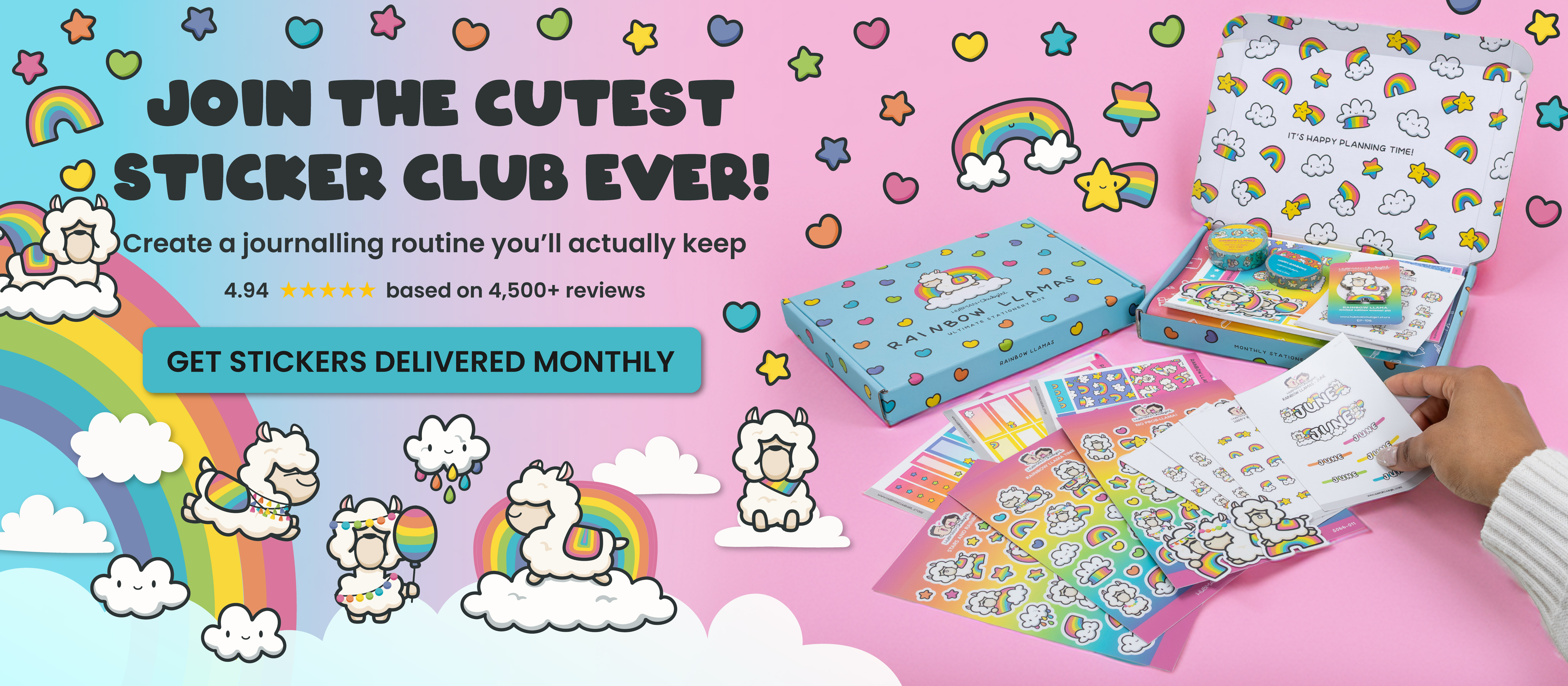 A colorful banner advertising a monthly sticker club with cartoon llamas, rainbows, and a stationery subscription box.