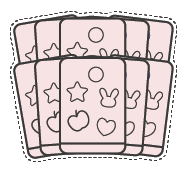 An illustration of a fanned-out stack of pink tags with outlines of stars, bunnies, and hearts.