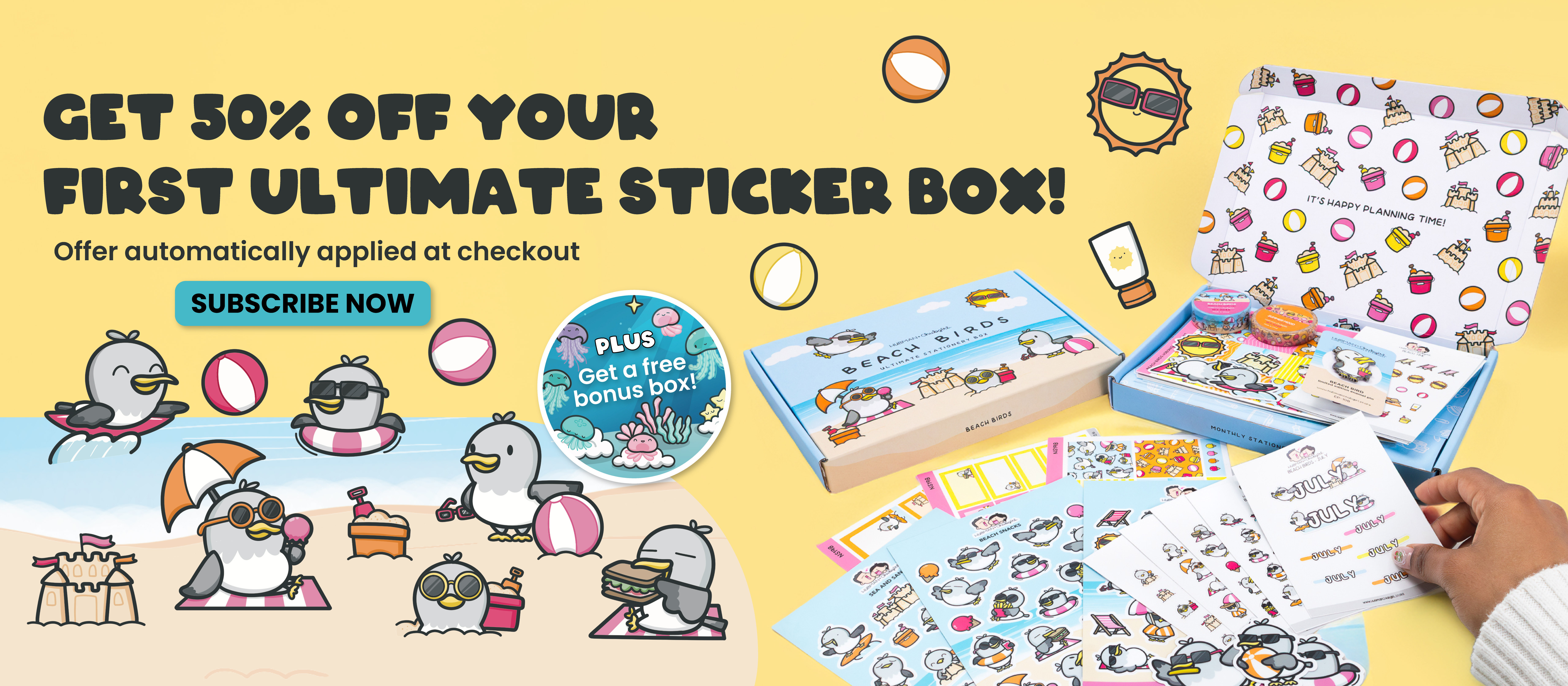 Promotional banner for a beach-themed cartoon bird sticker box, advertising a 50% off subscription offer.