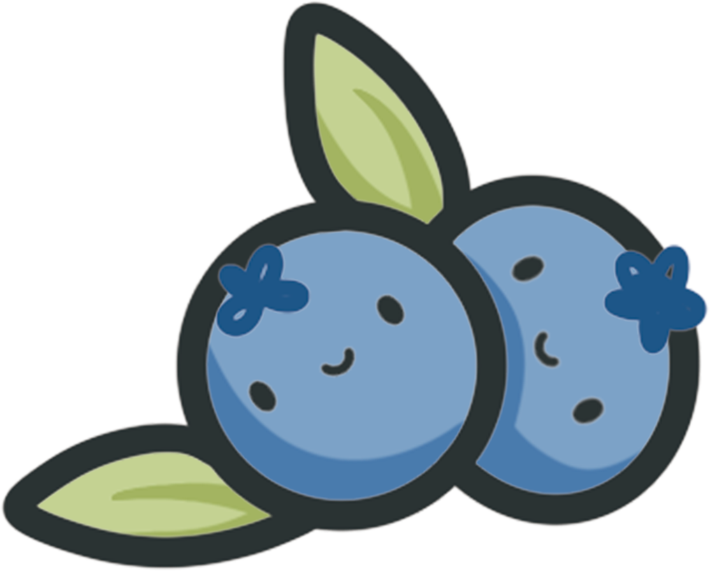 A cute cartoon illustration of two smiling blueberries with green leaves.