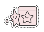 A sticker-style illustration of two smiling cartoon stars, one holding a keychain and one on a box.