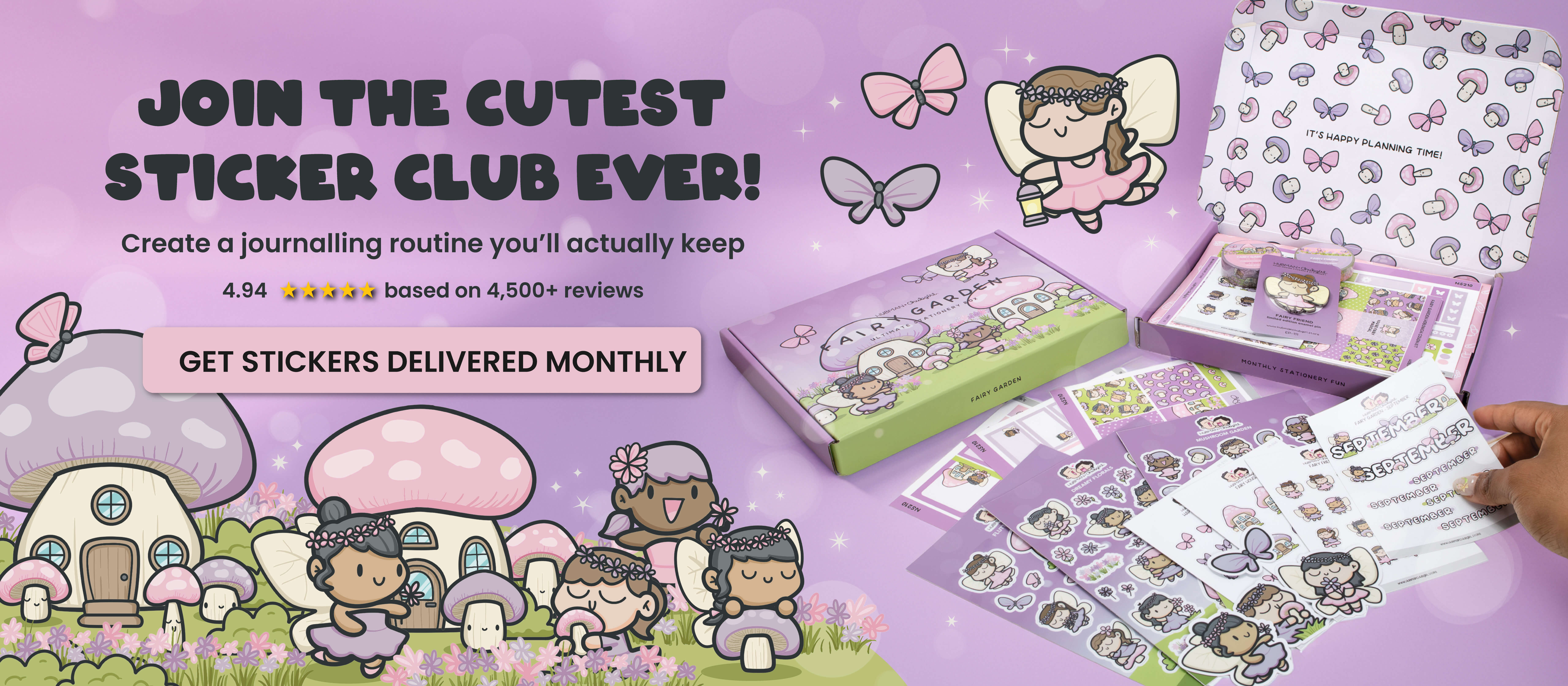 An advertisement for a fairy-themed sticker club, showing a box filled with cute stationery and stickers.
