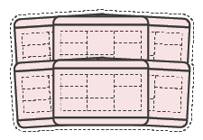 A diagram of a pink, foldable, multi-panel template with dashed lines indicating placeholders and a cut-out border.