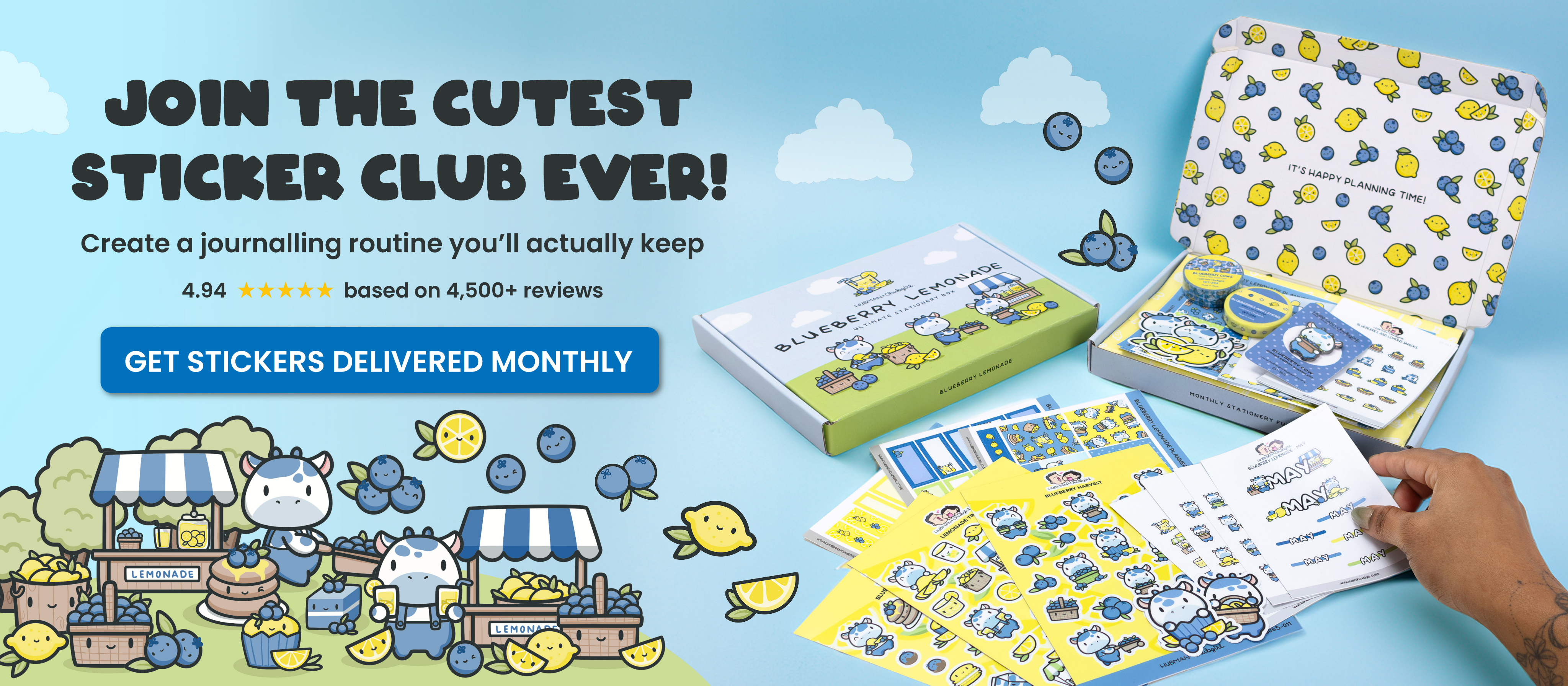 Promotional banner for a sticker club, showing a box filled with cute blueberry and lemon-themed stickers.