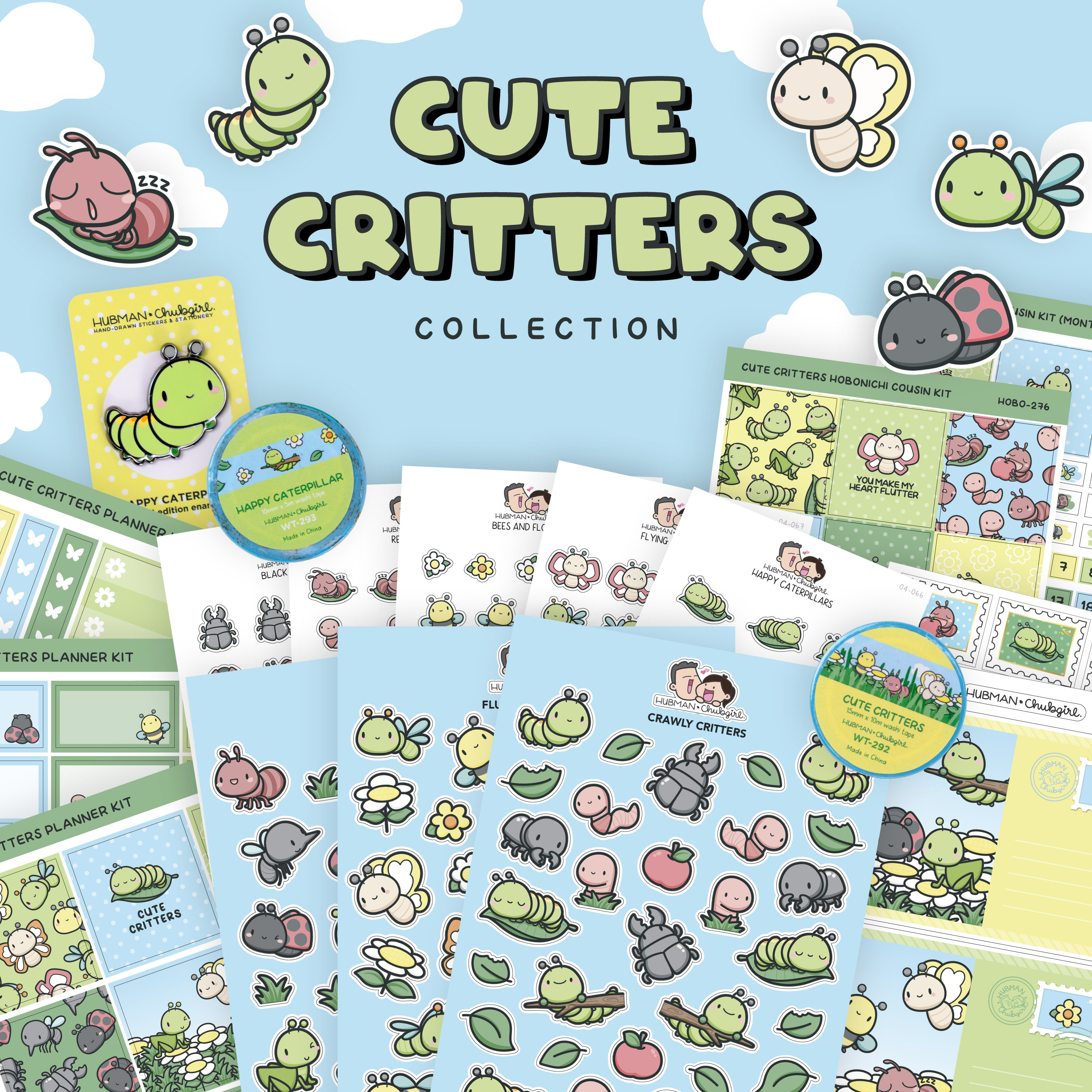 A collection of cute cartoon insect stationery, including stickers, washi tape, and an enamel pin.