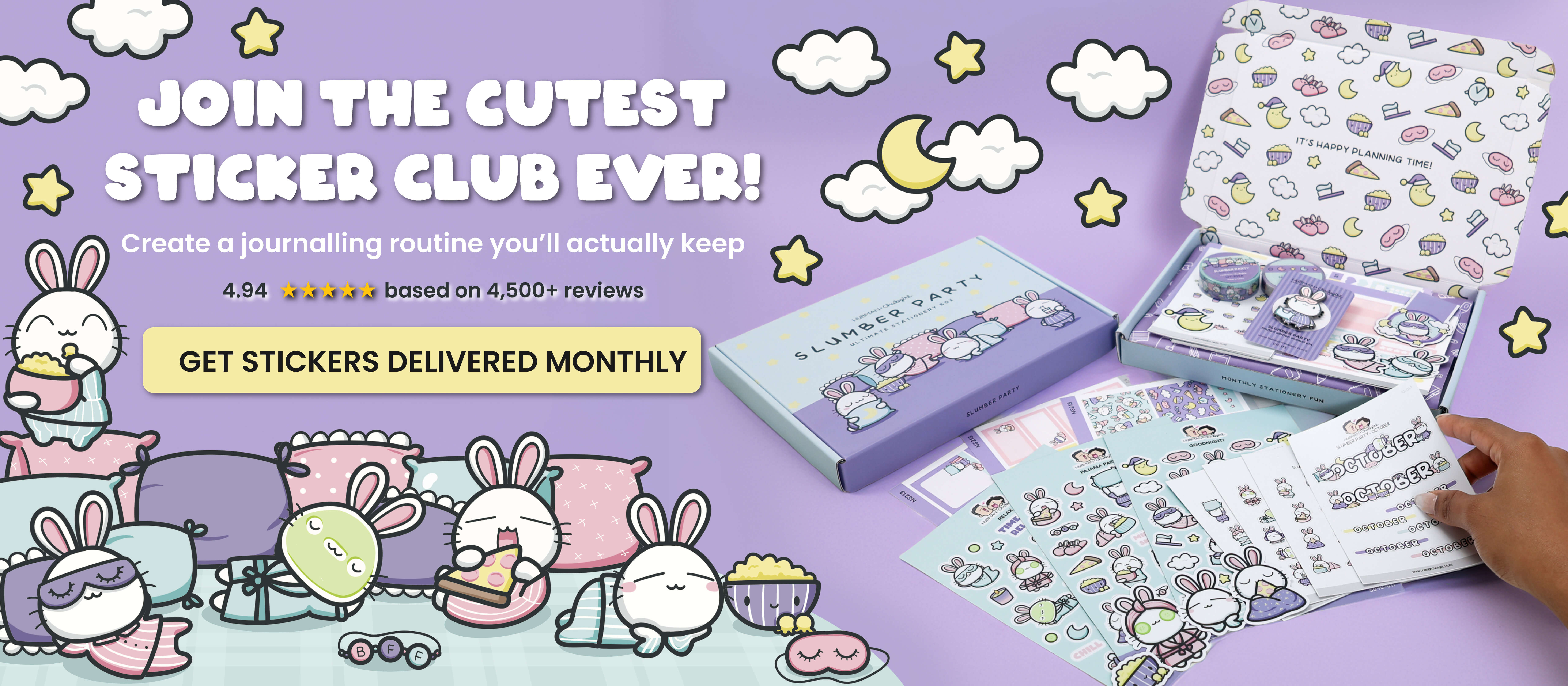 A promotional banner for a monthly sticker club featuring cute cartoon bunnies and various stationery items.