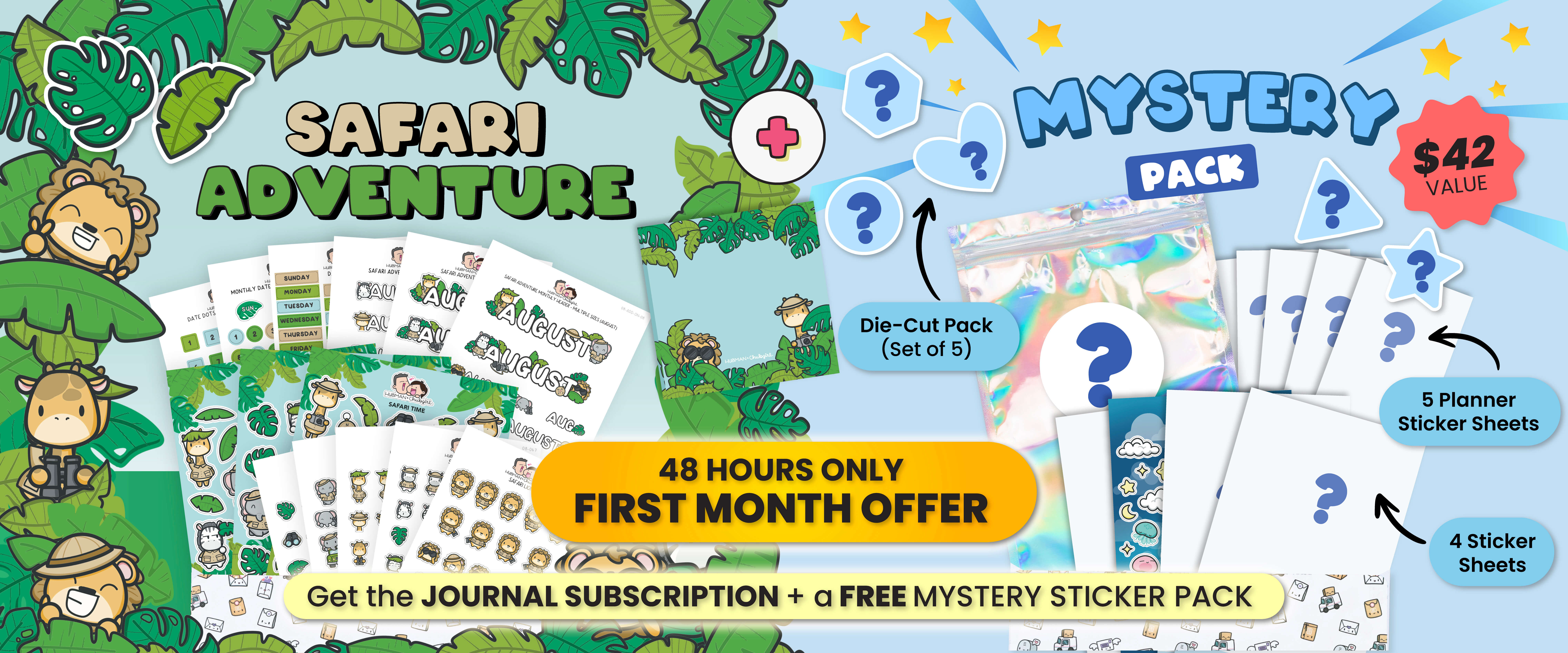 A promotional graphic for a Safari Adventure journal subscription, including sticker sheets and a free mystery sticker pack.