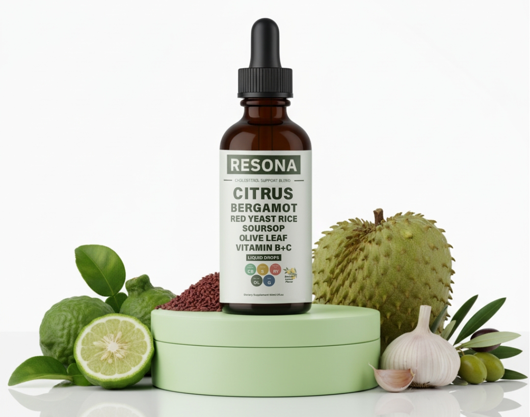 Bottle labeled 'Resona Citrus' with bergamot, soursop, garlic, and olives around it.