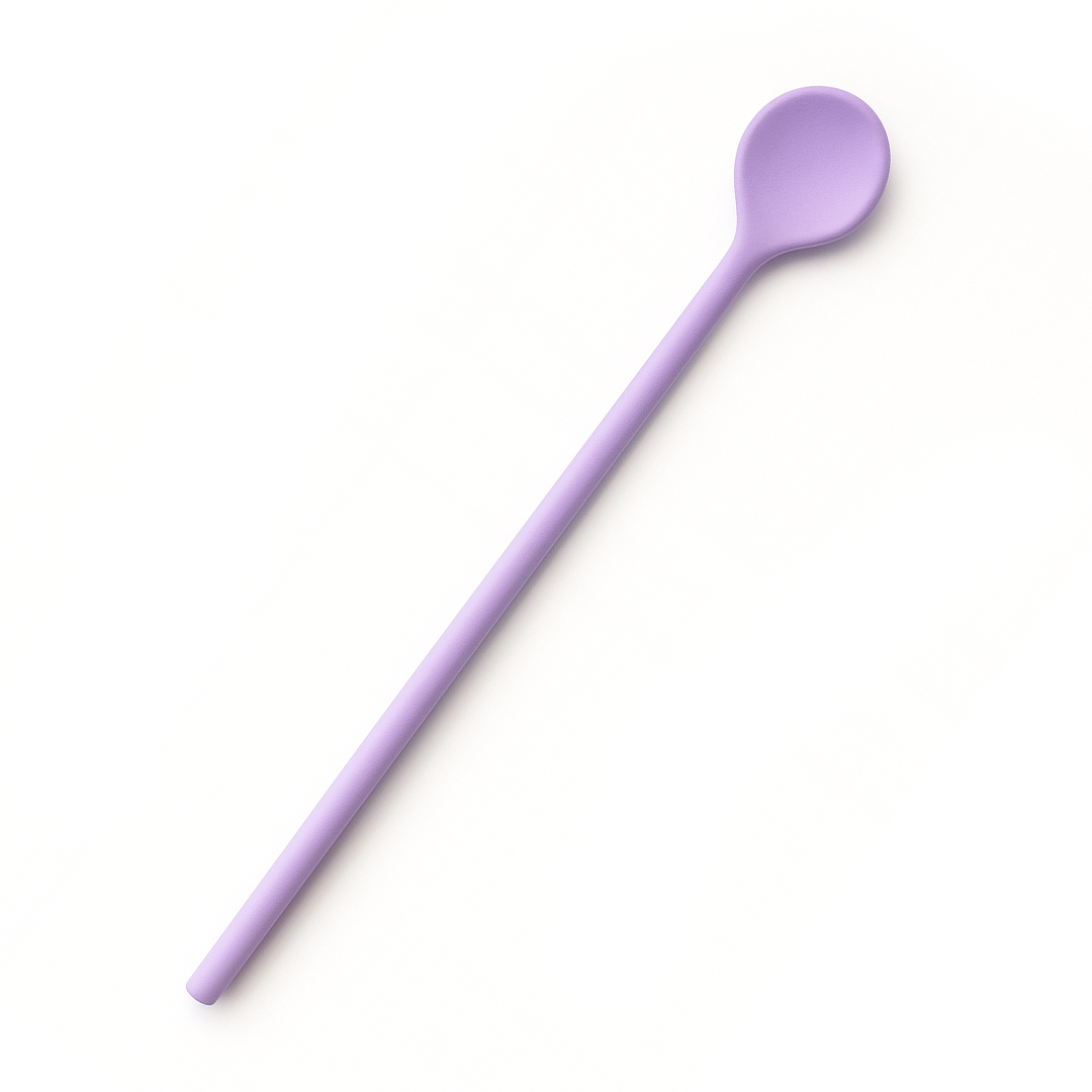 A purple plastic spoon on a plain white background.
