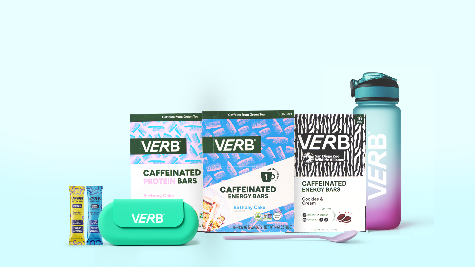 Assortment of Verb caffeinated products including bars, drink mixes, bottle, and a case.