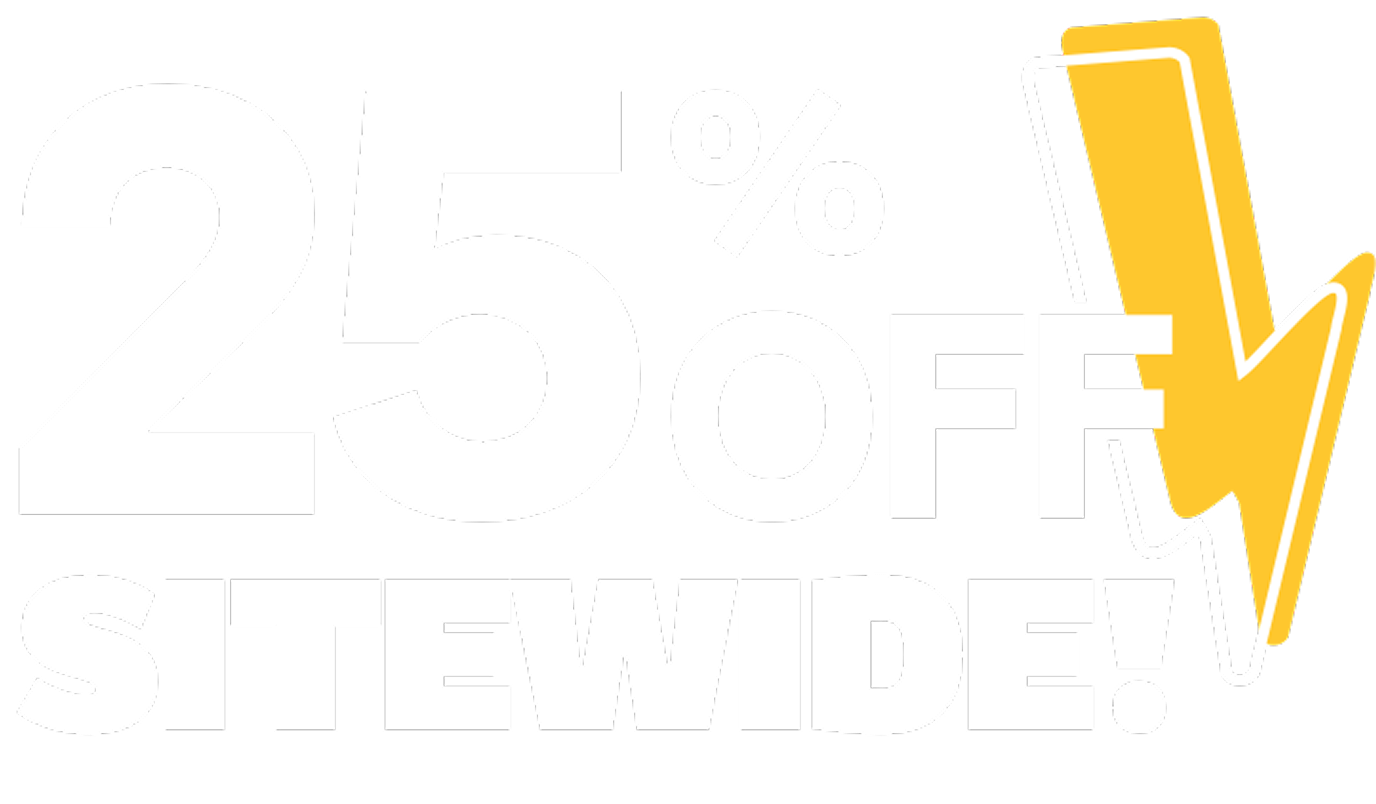Promotional text: '25% Off Sitewide!' with a yellow lightning bolt.