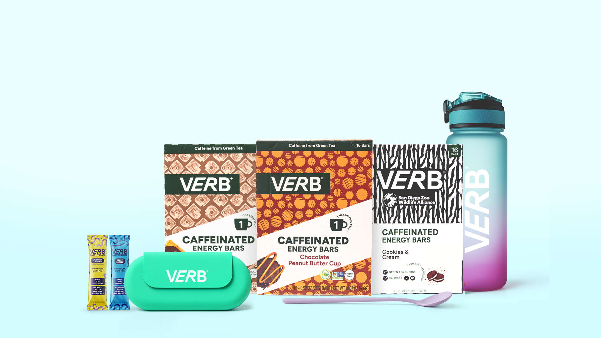 Assorted VERB caffeinated energy bars with a water bottle and case.