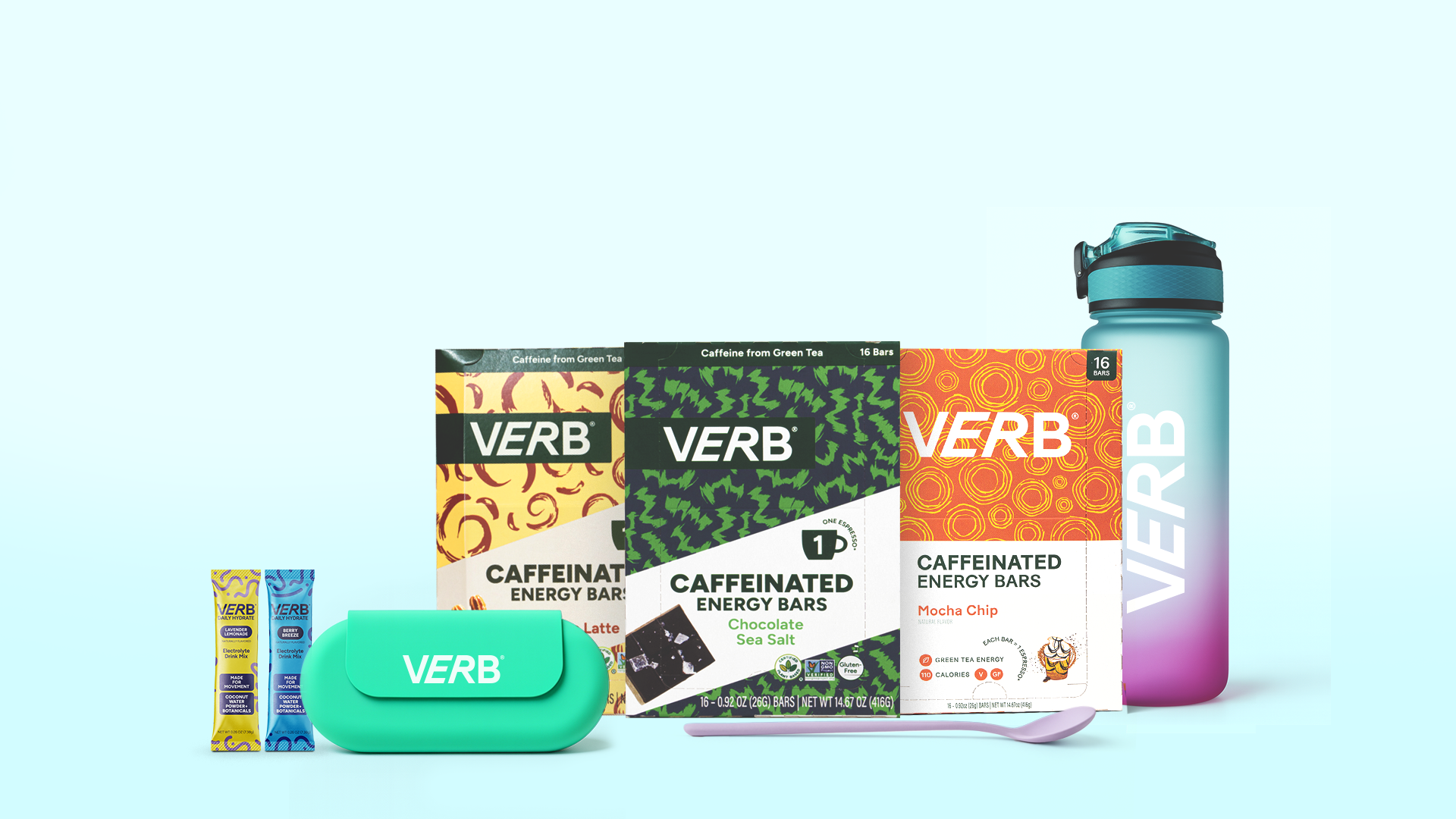 Assorted Verb caffeinated energy bars with a water bottle and case.