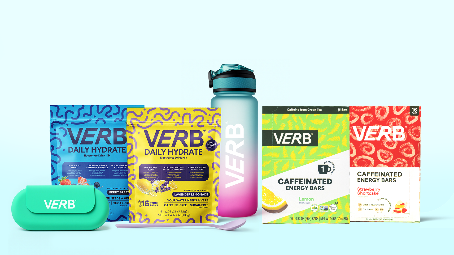Assorted Verb products: drink mixes, energy bars, water bottle, in vibrant packaging.