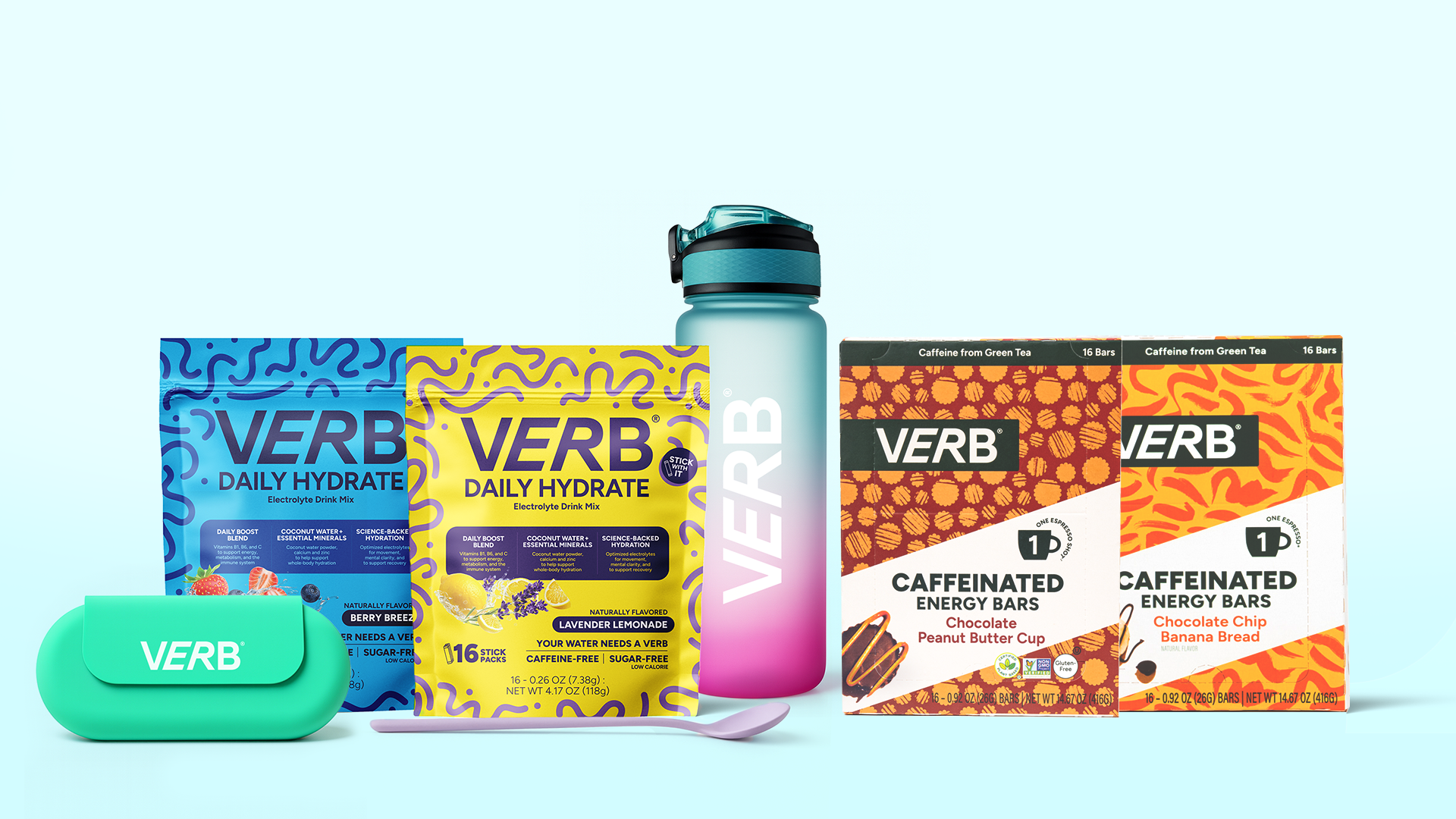 Various Verb branded hydration and energy products on a light blue background.