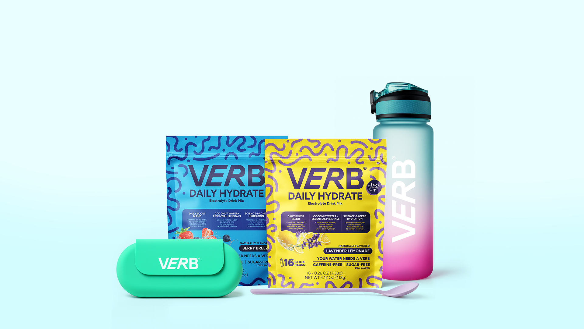 Electrolyte drink mixes, bottle, and case with 'VERB' branding on a light blue background.