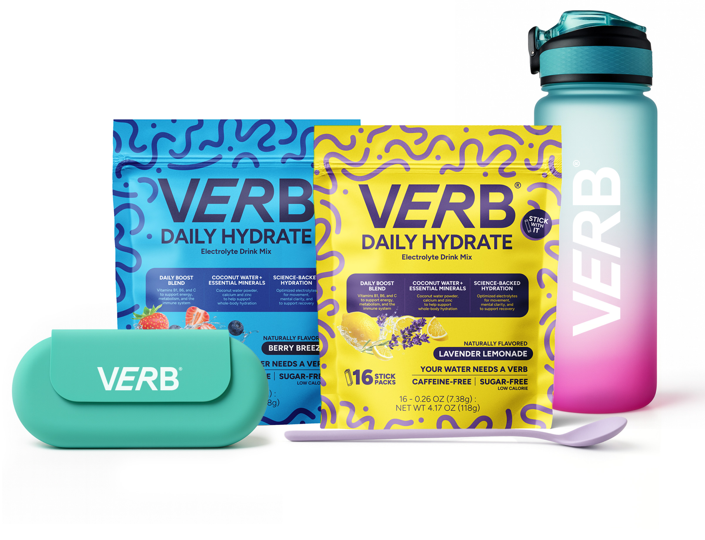 Electrolyte drink mix, bottle, and teal case labeled 'VERB.'