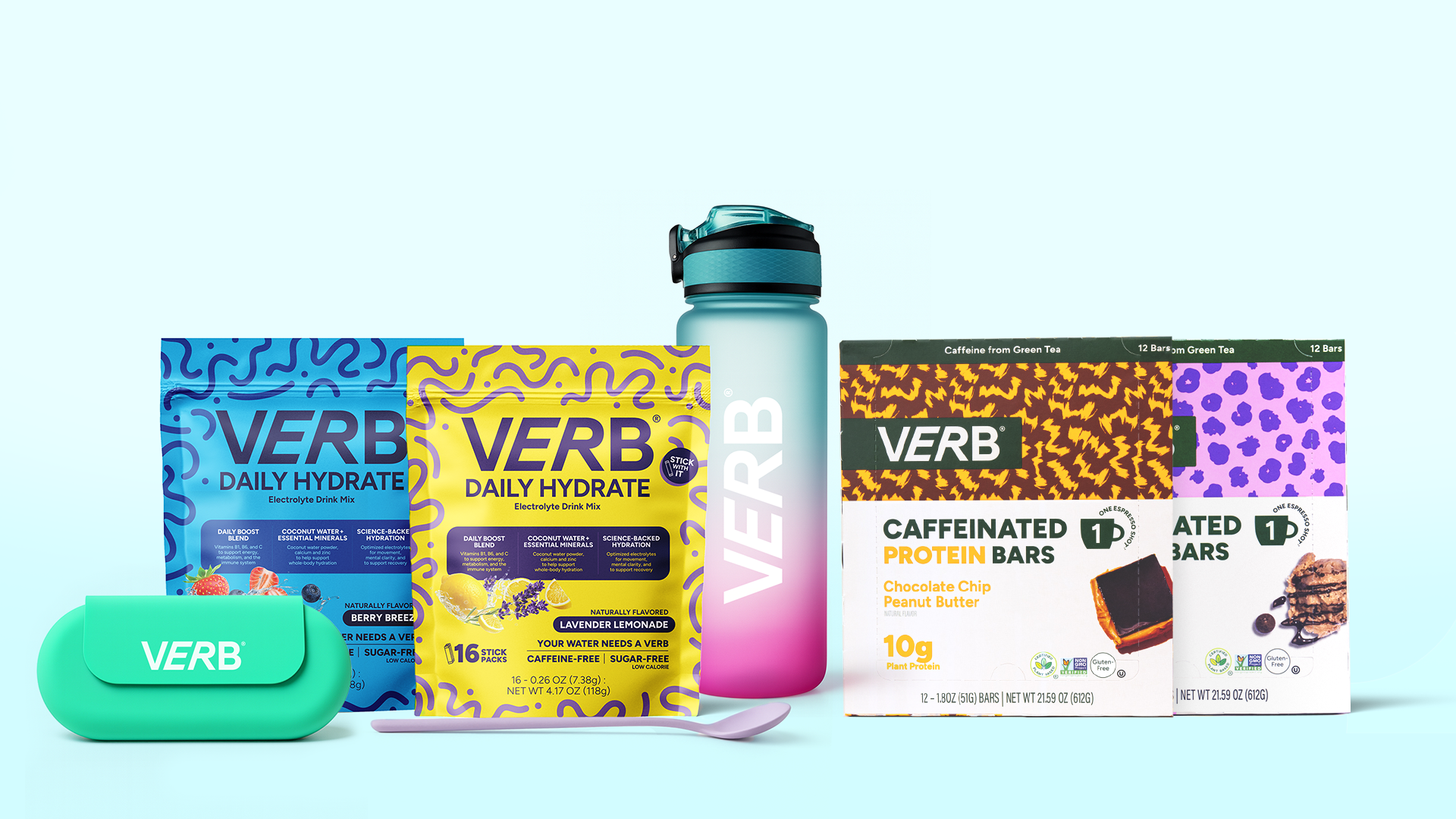 Assorted Verb products including hydrate packs, protein bars, bottle, and case.