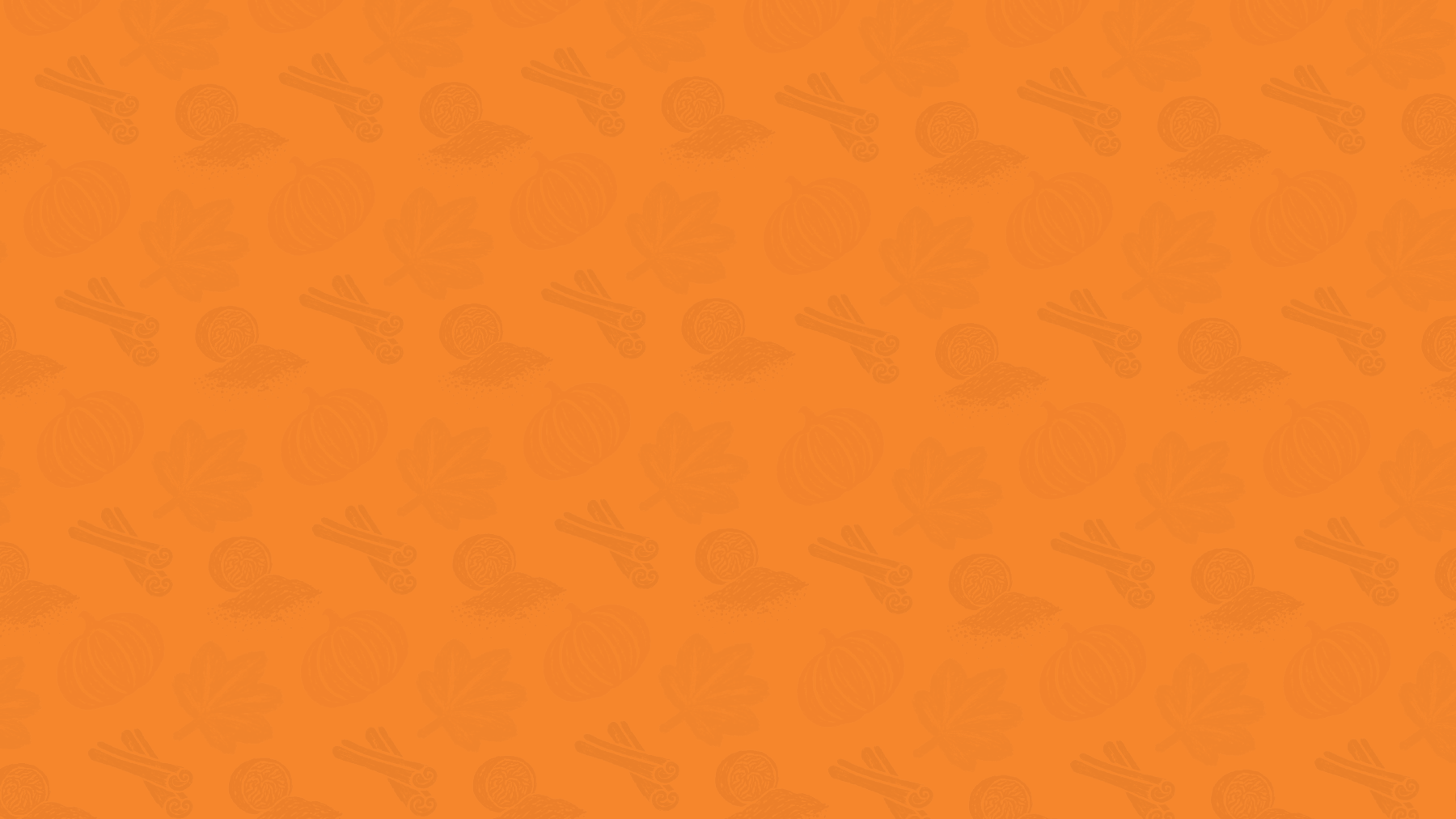 Orange background with autumn-themed illustrations: leaves, pumpkins, cinnamon sticks, and nutmeg.