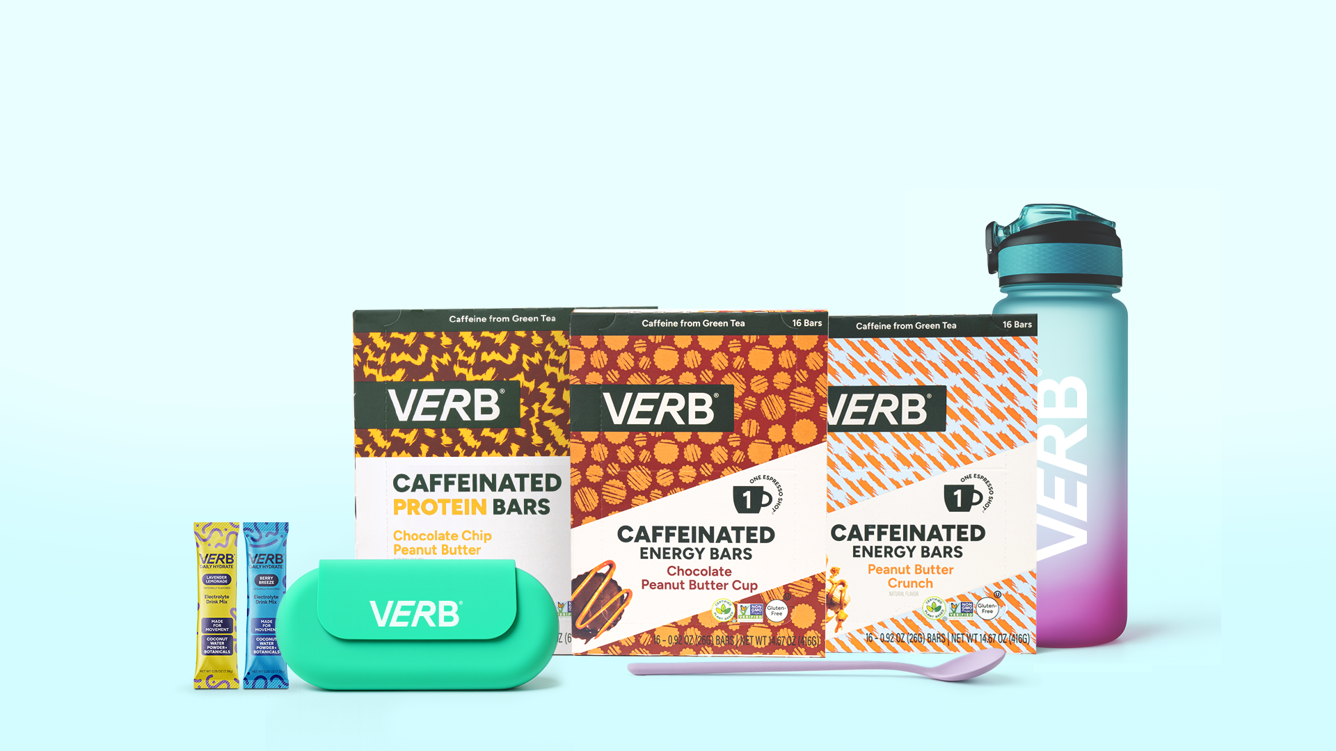 Assorted Verb caffeinated bars and a water bottle on a light blue background.