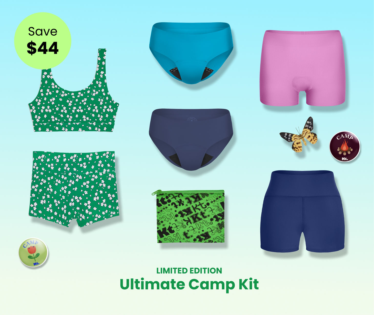 Collection of colorful clothing items and accessories on a blue background.