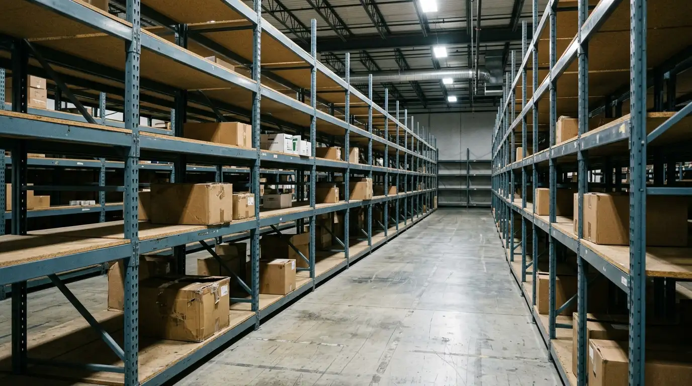 An aisle in a warehouse with tall metal shelves sparsely filled with cardboard boxes.